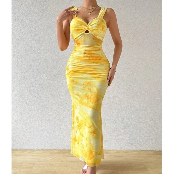 Summer Floral Print Twisted Knot Hollow Out Pleated Bodycon Mermaid Cami Dress - Picture 1 of 4